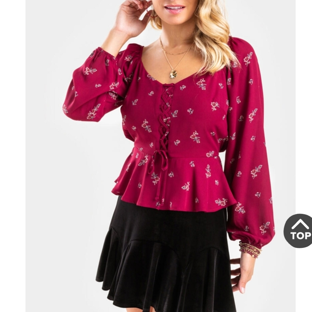 Long sleeve NWT Francescas Burgundy Michela Floral Lace-Up Peplum Blouse Top